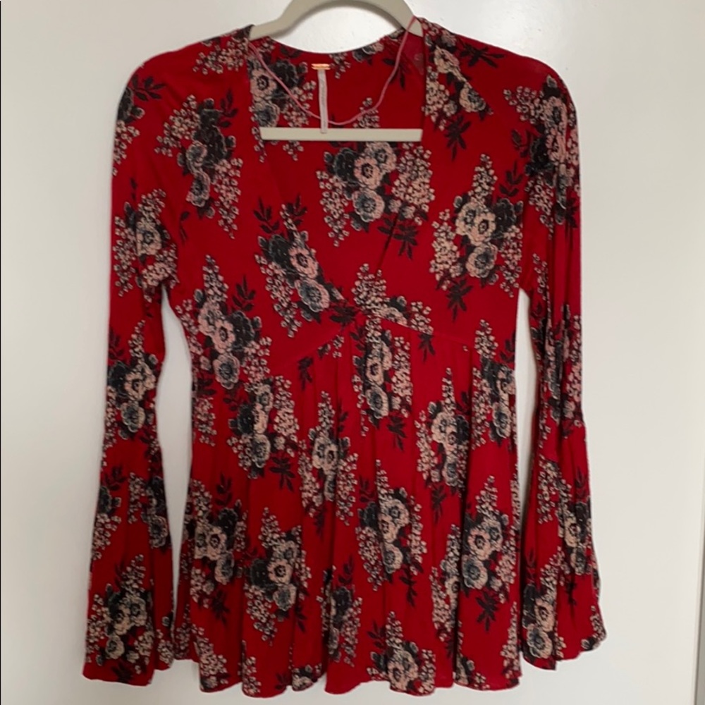 Free People Speak Easy Red Bubble Sleeve Red S